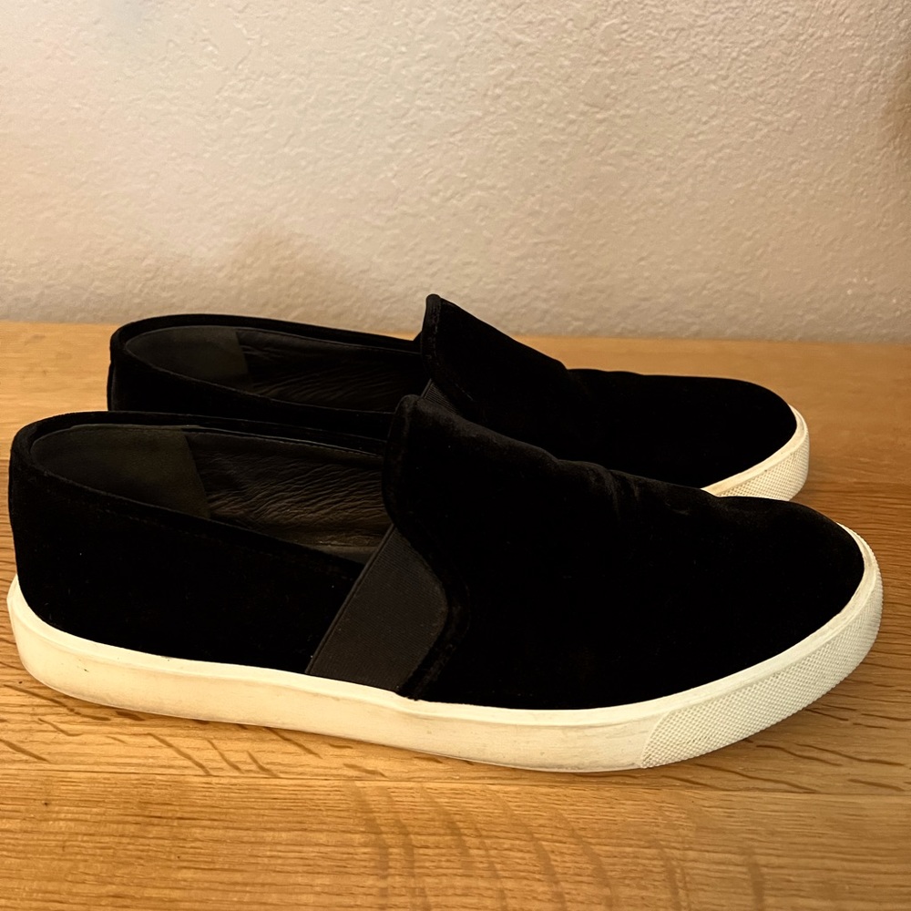 Vince black velvet slip on shoes